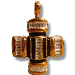 Amy Miller Cross Pendant Vintage Gold Black Enamel With Crystal Baguettes